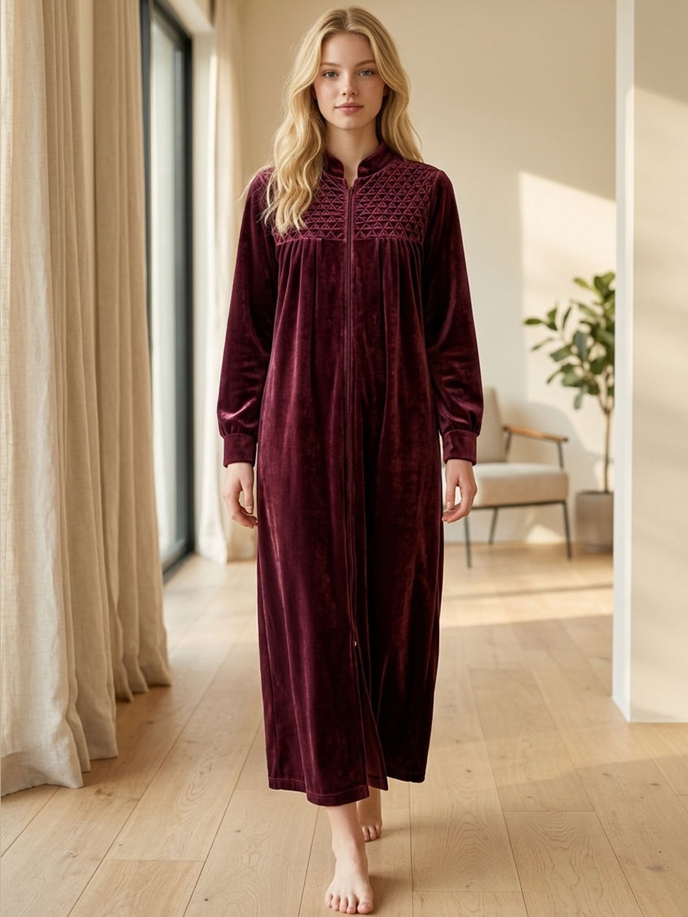 Vintage smocked zip-front velour robe
